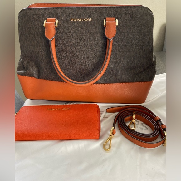 MICHAEL KORS KELLEN BROWN TANGERINE SATCHEL HANDBAG AND WALLET - Picture 1 of 13